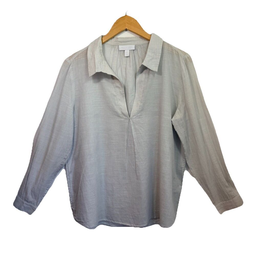 The White Company Long Sleeve Cotton Shirt Blouse US 10 Gray White Relaxed Fit